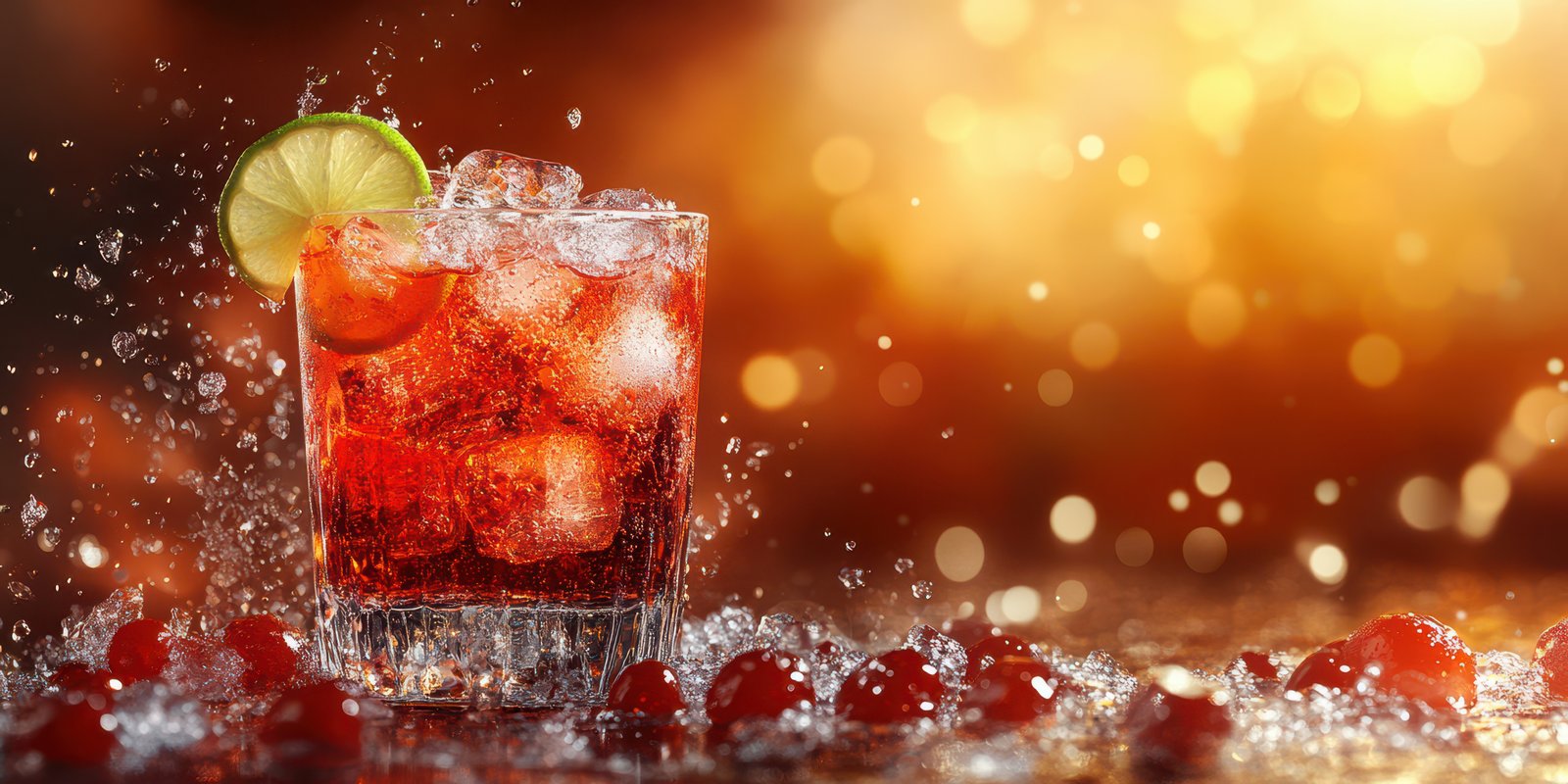 Refreshing cocktail garnished with lime and cherries in a vibrant setting during a festive evening